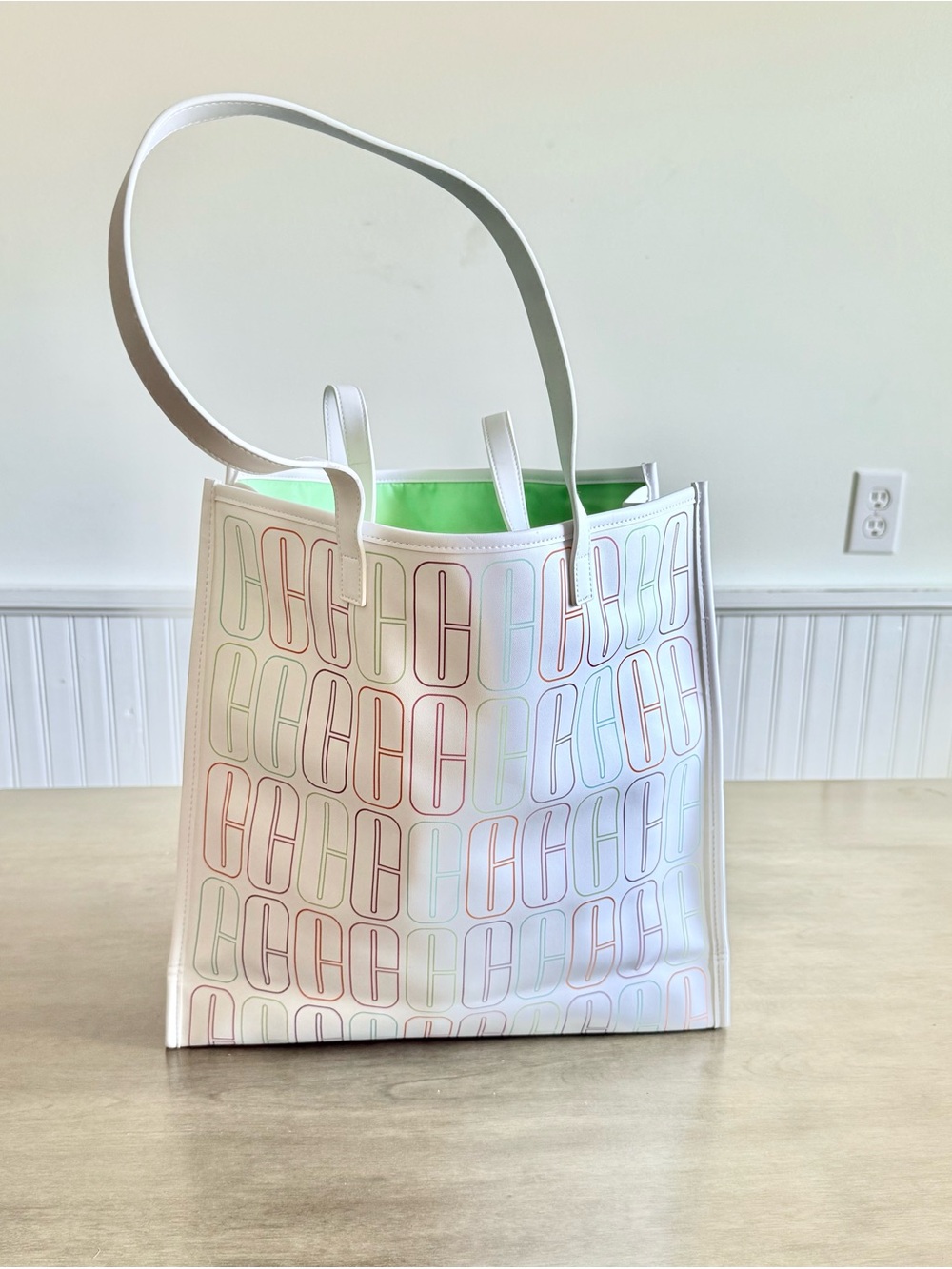 Clinique Defective White Tote with Pastel Monogram and Lime Green Interior